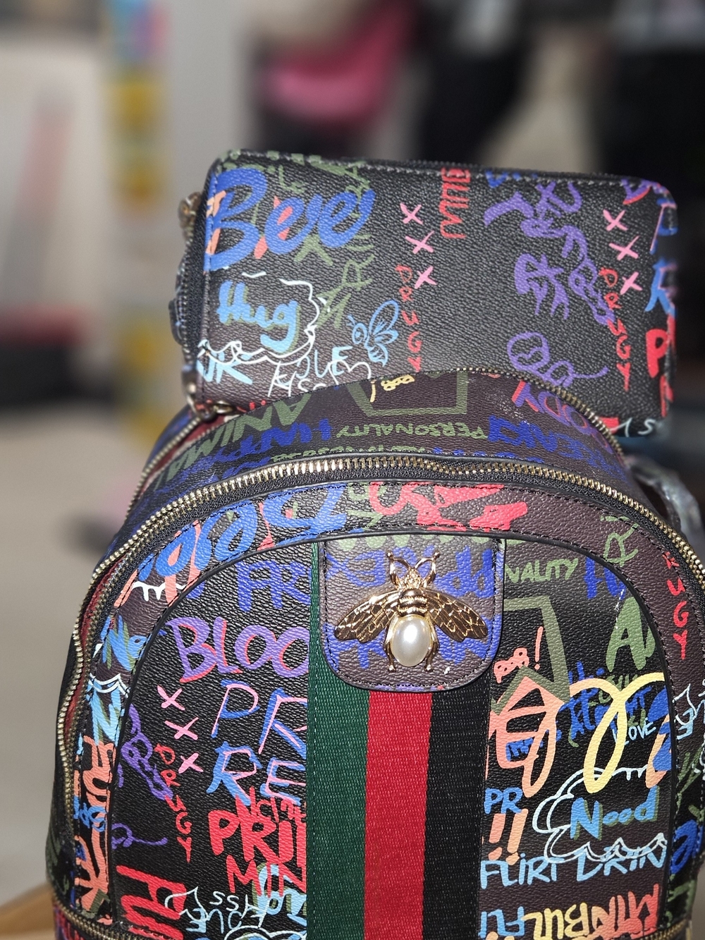 Designer-Style Black Graffiti Bee Accent Backpack